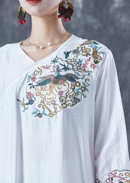 Classy White Embroideried Side Open Linen Dress Bracelet Sleeve LY5627 - fabuloryshop