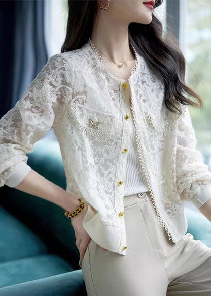 Classy White Hollow Out Button Lace Coats Long Sleeve Ada Fashion