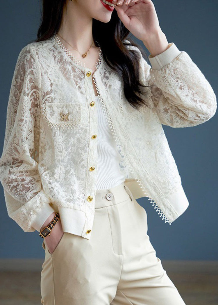 Classy White Hollow Out Button Lace Coats Long Sleeve Ada Fashion