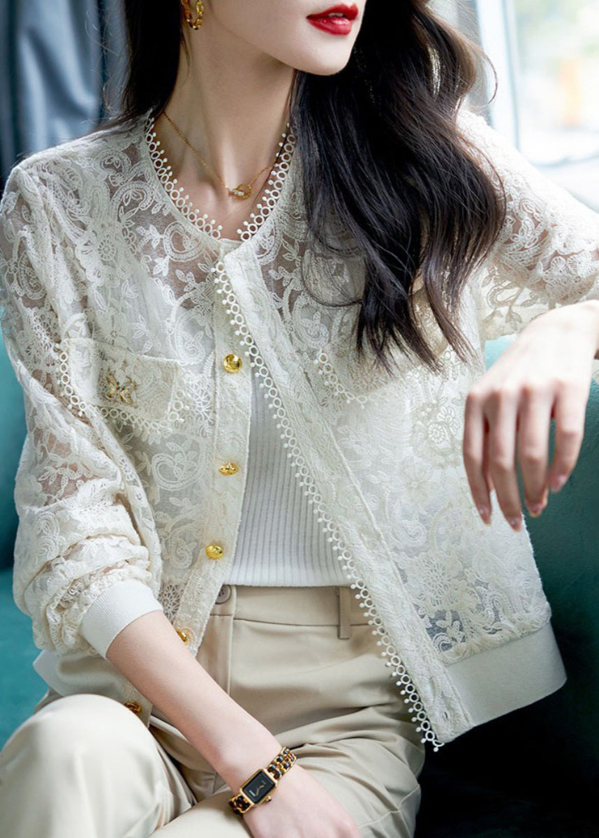 Classy White Hollow Out Button Lace Coats Long Sleeve Ada Fashion