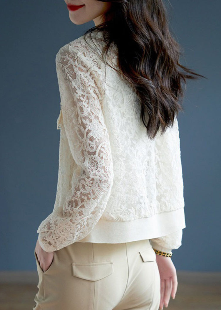 Classy White Hollow Out Button Lace Coats Long Sleeve Ada Fashion