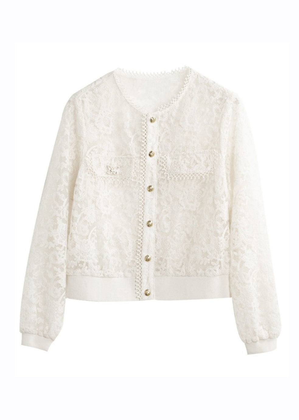 Classy White Hollow Out Button Lace Coats Long Sleeve Ada Fashion