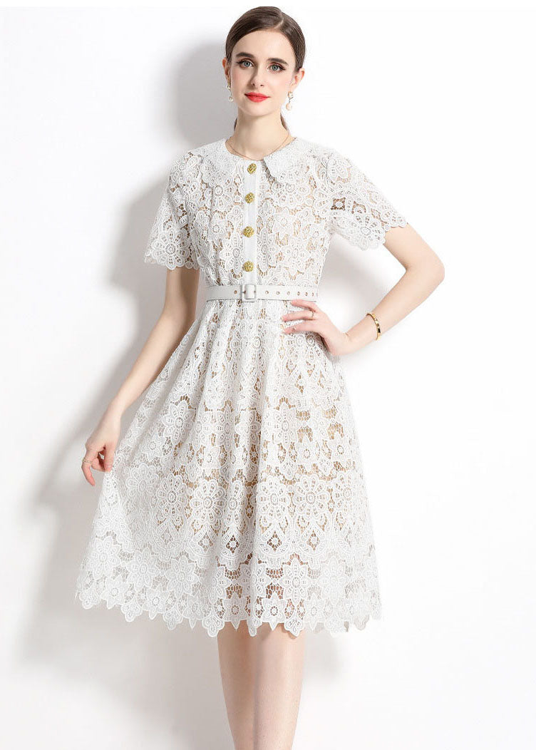 Classy White Hollow Out Embroideried Sashes Lace Dress Summer LY7417 - fabuloryshop