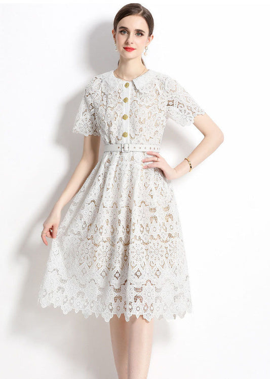 Classy White Hollow Out Embroideried Sashes Lace Dress Summer LY7417 - fabuloryshop