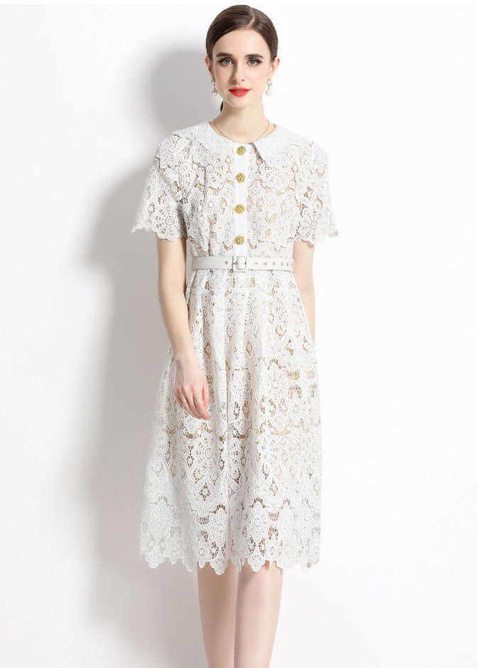 Classy White Hollow Out Embroideried Sashes Lace Dress Summer LY7417 - fabuloryshop