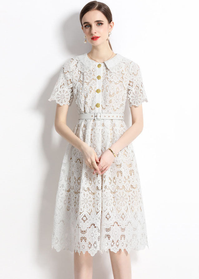 Classy White Hollow Out Embroideried Sashes Lace Dress Summer LY7417 - fabuloryshop