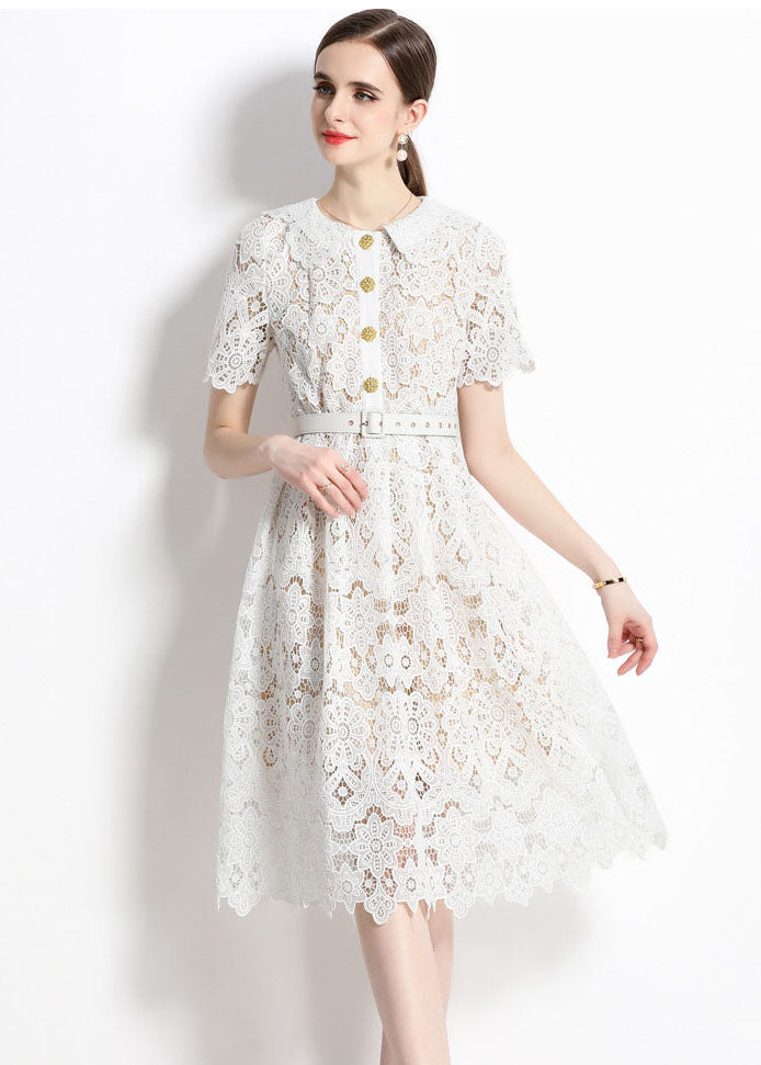 Classy White Hollow Out Embroideried Sashes Lace Dress Summer LY7417 - fabuloryshop