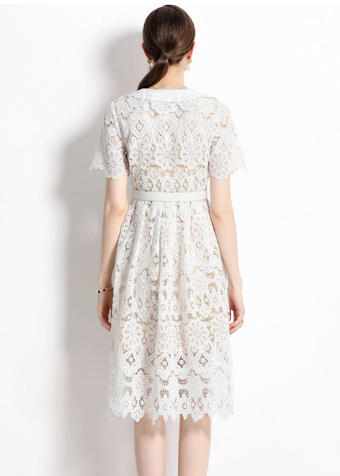 Classy White Hollow Out Embroideried Sashes Lace Dress Summer LY7417 - fabuloryshop