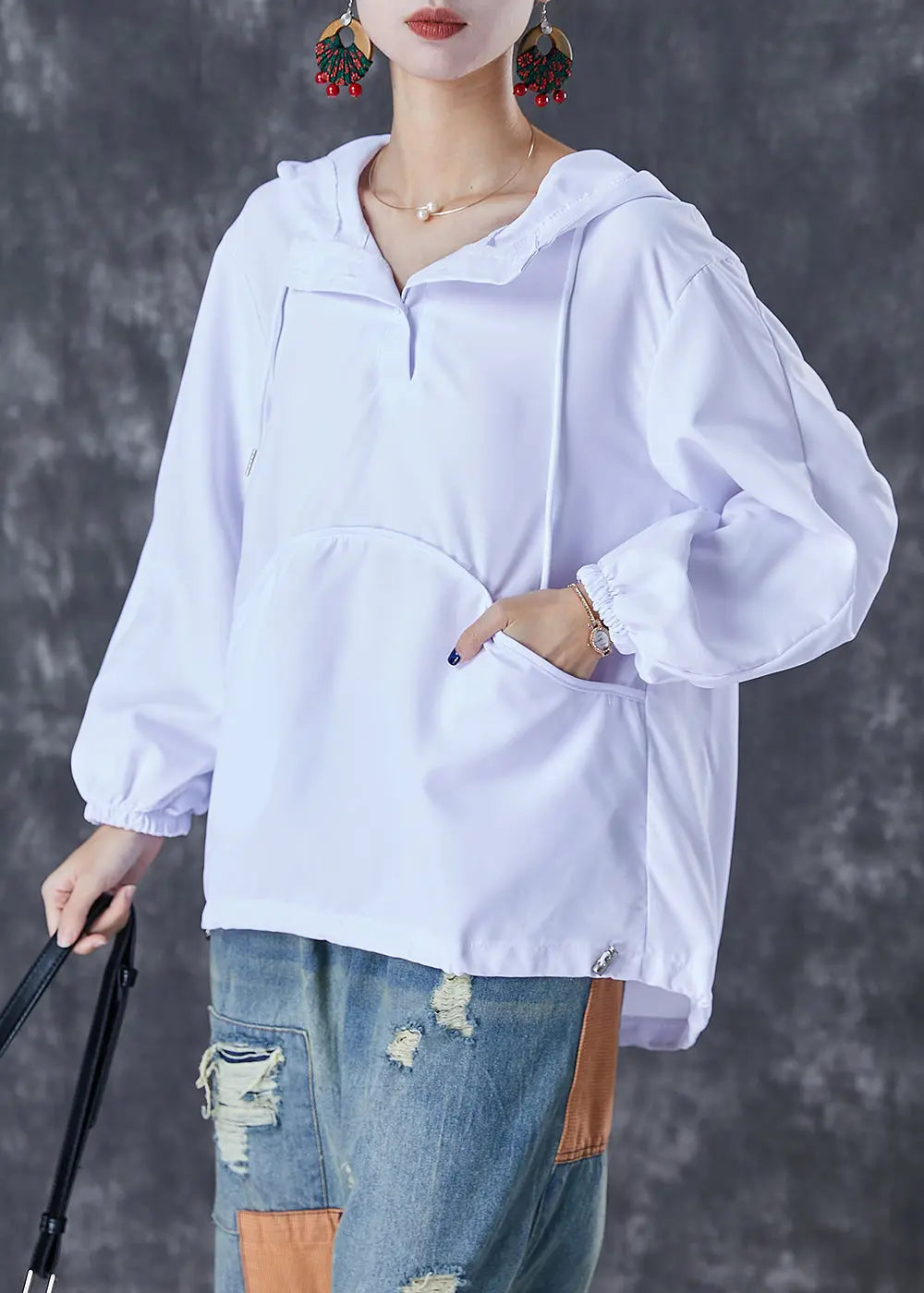 Classy White Hooded Wrinkled Cotton Sweatshirts Top Fall Ada Fashion