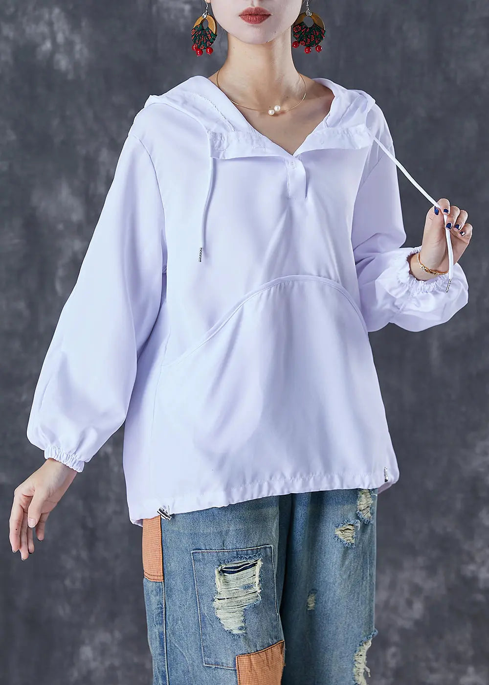 Classy White Hooded Wrinkled Cotton Sweatshirts Top Fall Ada Fashion