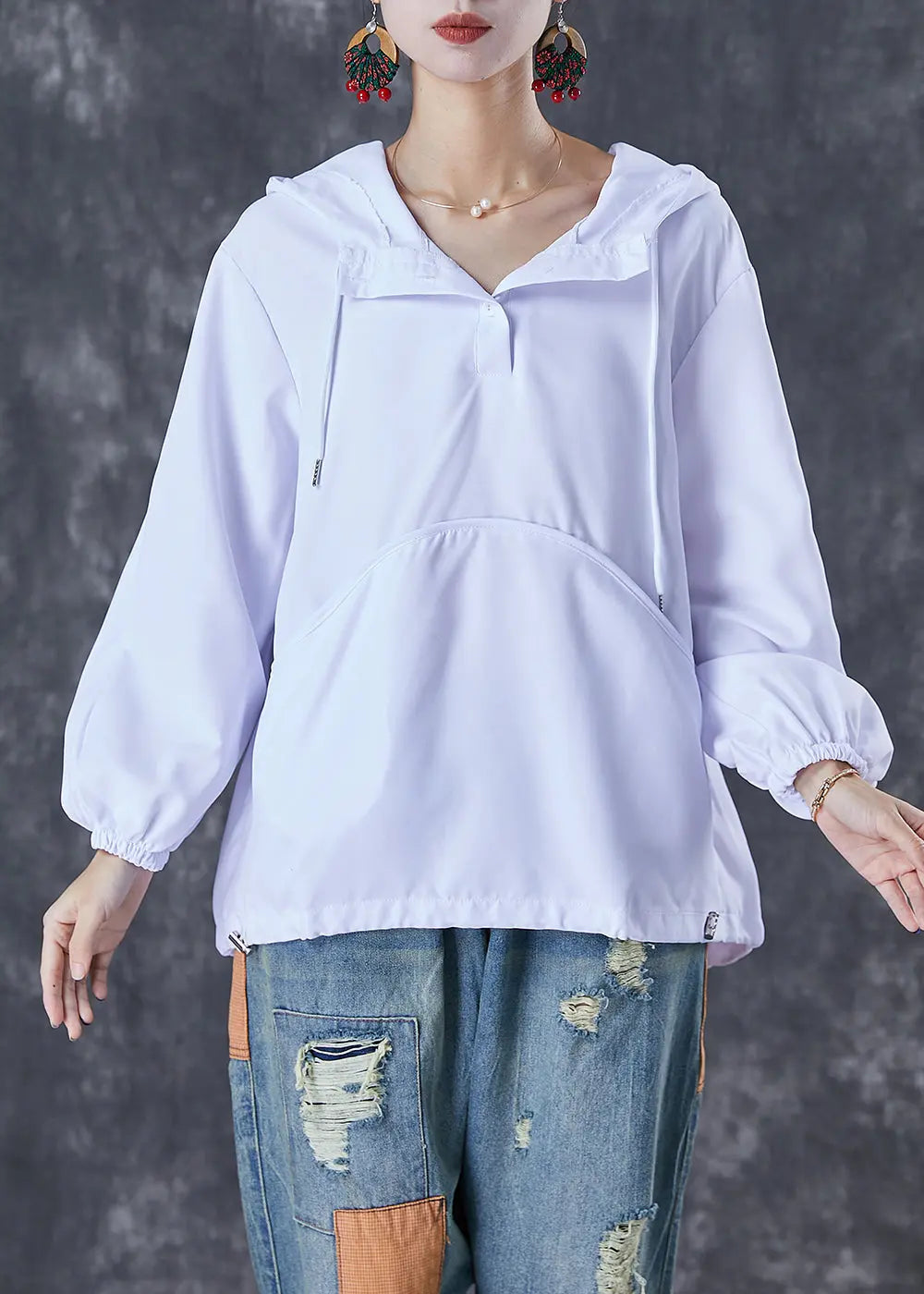 Classy White Hooded Wrinkled Cotton Sweatshirts Top Fall Ada Fashion