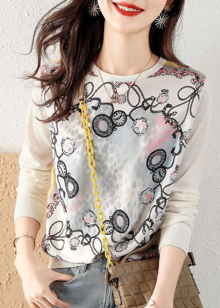 Classy White O-Neck Knit Patchwork Print Chiffon Shirt Tops Spring LY0061 - fabuloryshop