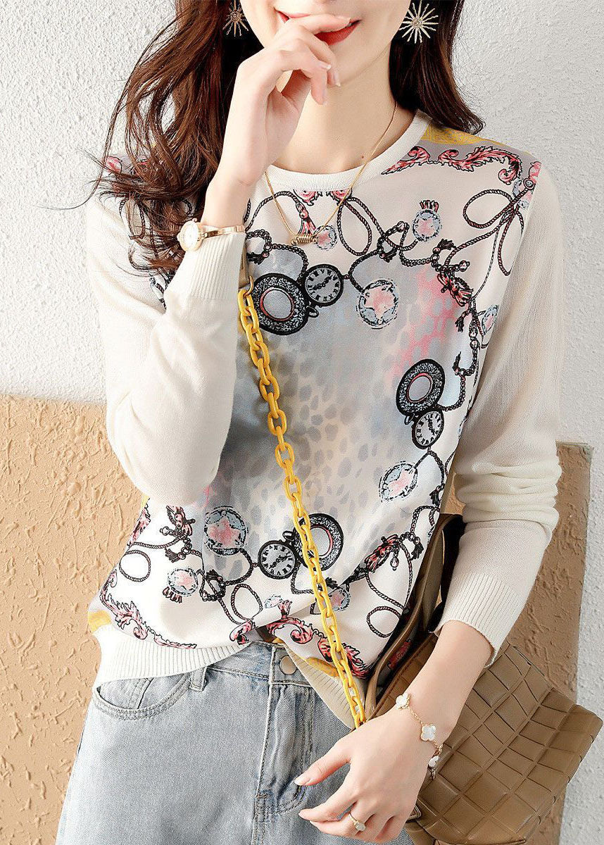 Classy White O-Neck Knit Patchwork Print Chiffon Shirt Tops Spring LY0061 - fabuloryshop