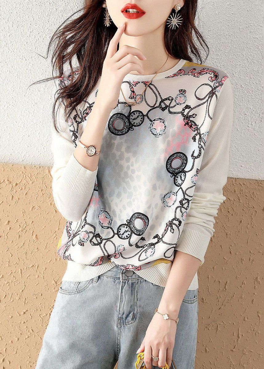 Classy White O-Neck Knit Patchwork Print Chiffon Shirt Tops Spring LY0061 - fabuloryshop