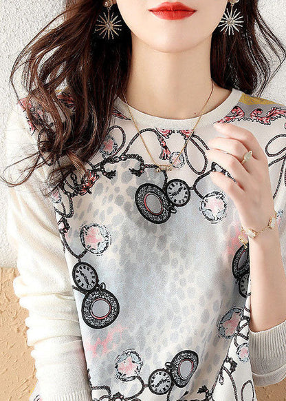 Classy White O-Neck Knit Patchwork Print Chiffon Shirt Tops Spring LY0061 - fabuloryshop