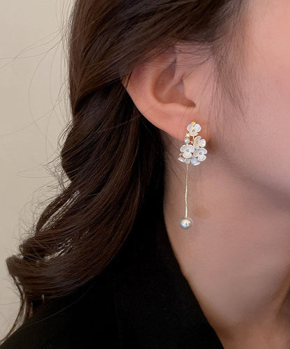 Classy White Overgild Zircon Pearl Floral Tassle Drop Earrings TW1012 - fabuloryshop