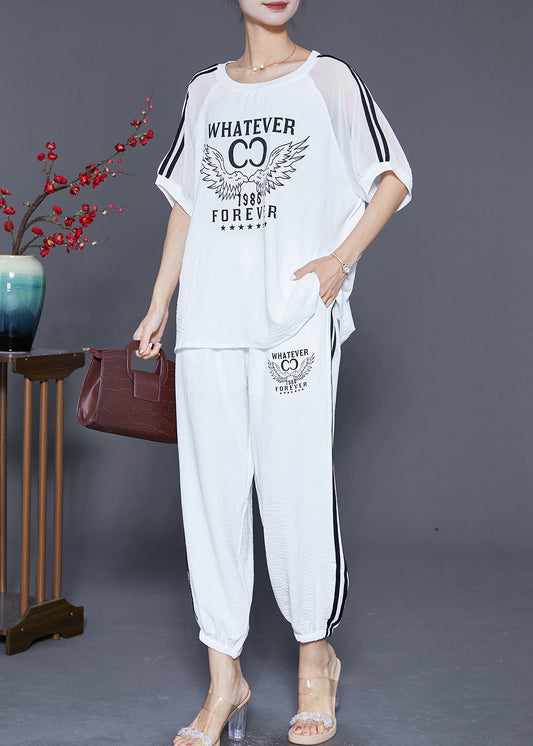 Classy White Oversized Print Linen Silk Two Pieces Set Summer Ada Fashion