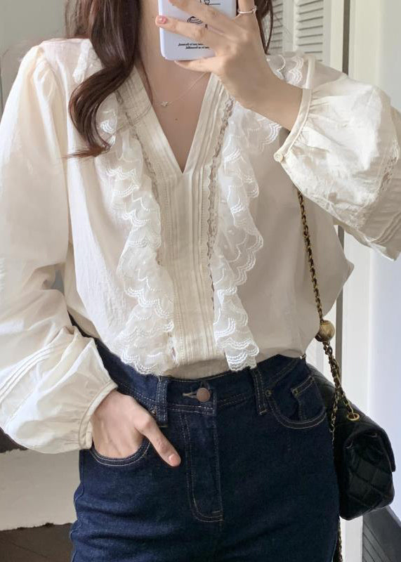 Classy White Ruffled Patchwork Lace Cotton Blouse Top Spring LY2572