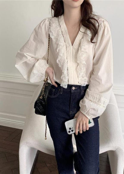 Classy White Ruffled Patchwork Lace Cotton Blouse Top Spring LY2572 - fabuloryshop