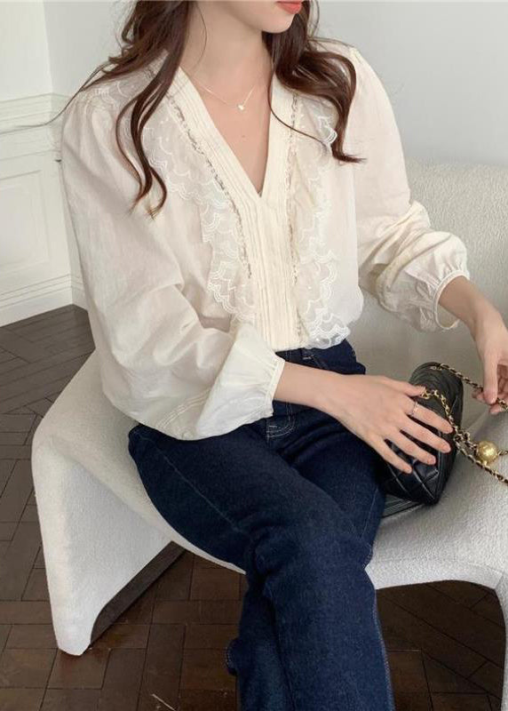 Classy White Ruffled Patchwork Lace Cotton Blouse Top Spring LY2572