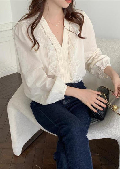 Classy White Ruffled Patchwork Lace Cotton Blouse Top Spring LY2572 - fabuloryshop