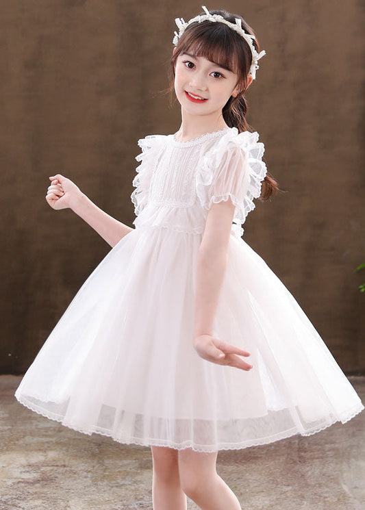 Classy White Ruffled Patchwork Tulle Kids Girls Dresses Summer Ada Fashion