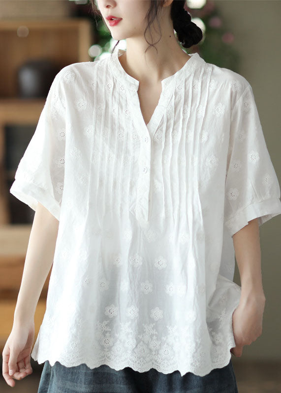 Classy White V Neck Embroideried Patchwork Cotton Shirt Top Summer LY6250 - fabuloryshop
