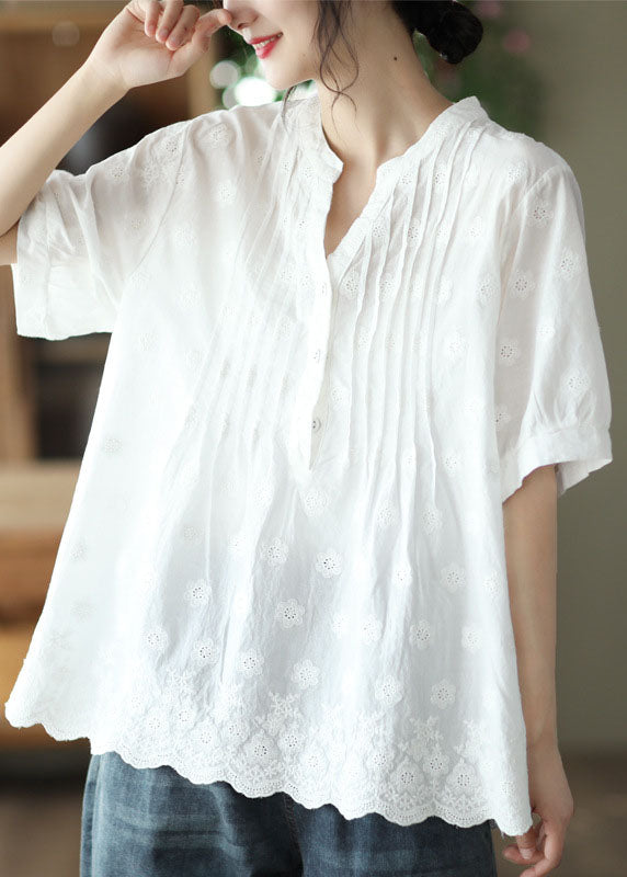 Classy White V Neck Embroideried Patchwork Cotton Shirt Top Summer LY6250 - fabuloryshop