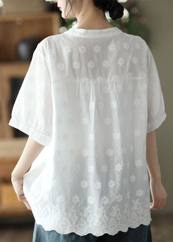 Classy White V Neck Embroideried Patchwork Cotton Shirt Top Summer LY6250 - fabuloryshop