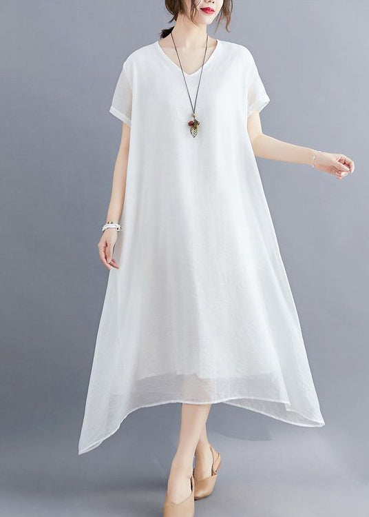 Classy White V Neck Exra Large Hem Cotton A Line Dresses Summer LY0545 - fabuloryshop