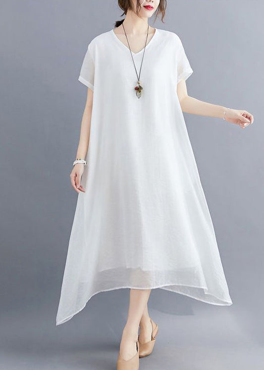 Classy White V Neck Exra Large Hem Cotton A Line Dresses Summer LY0545 - fabuloryshop