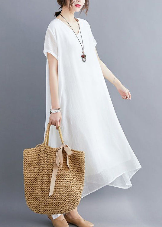 Classy White V Neck Exra Large Hem Cotton A Line Dresses Summer LY0545
