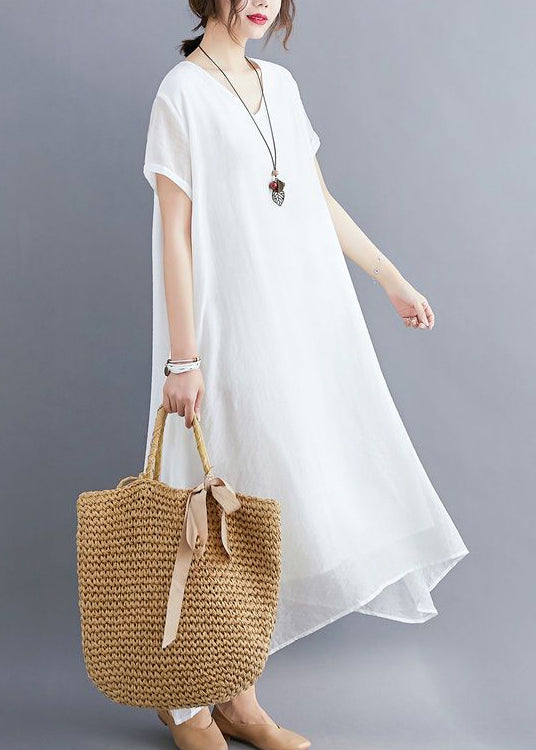 Classy White V Neck Exra Large Hem Cotton A Line Dresses Summer LY0545 - fabuloryshop