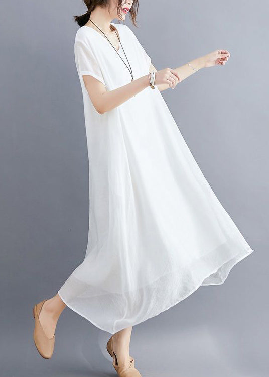 Classy White V Neck Exra Large Hem Cotton A Line Dresses Summer LY0545 - fabuloryshop