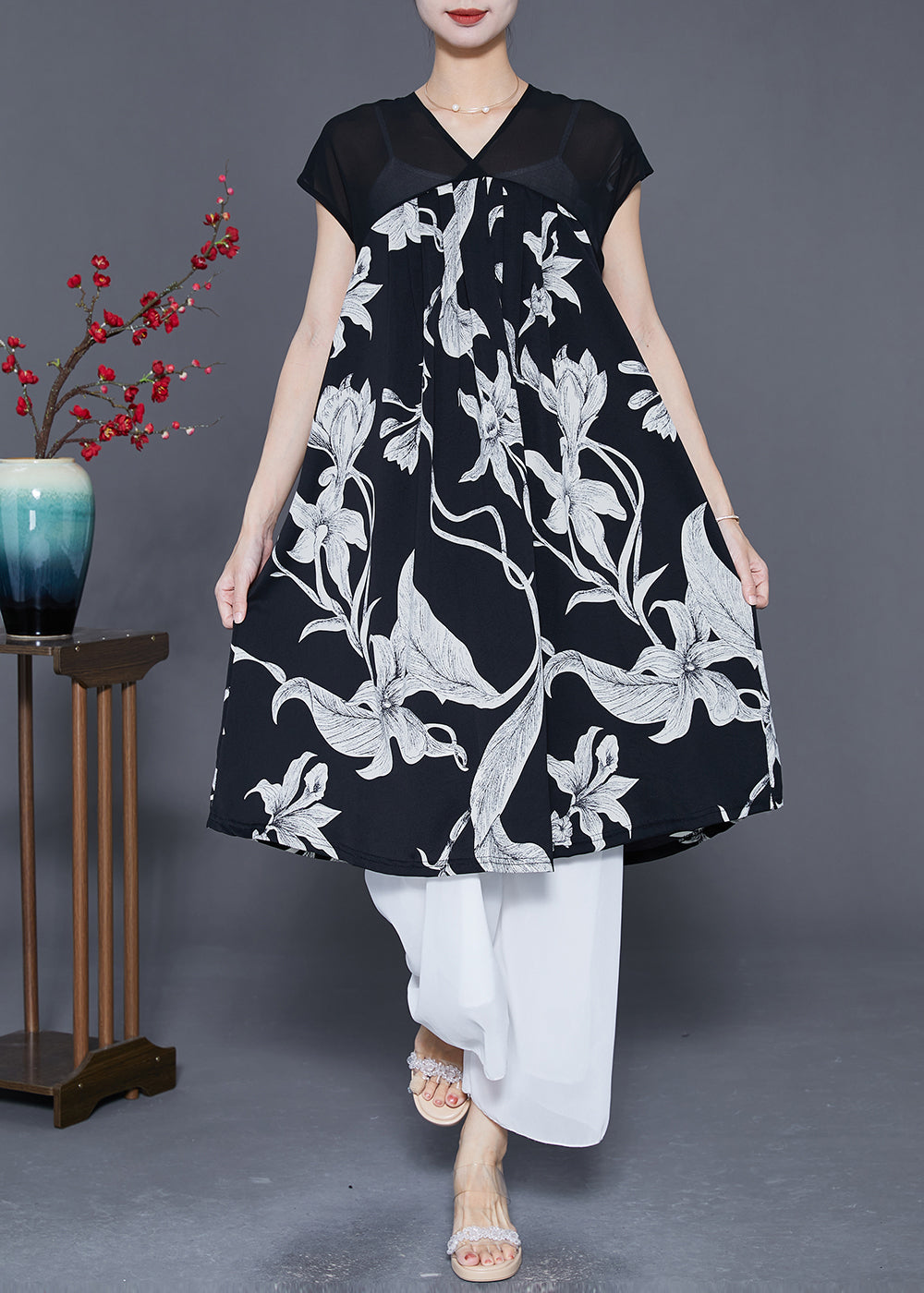 Classy White V Neck Print Chiffon A Line Dress Summer LY5535 - fabuloryshop