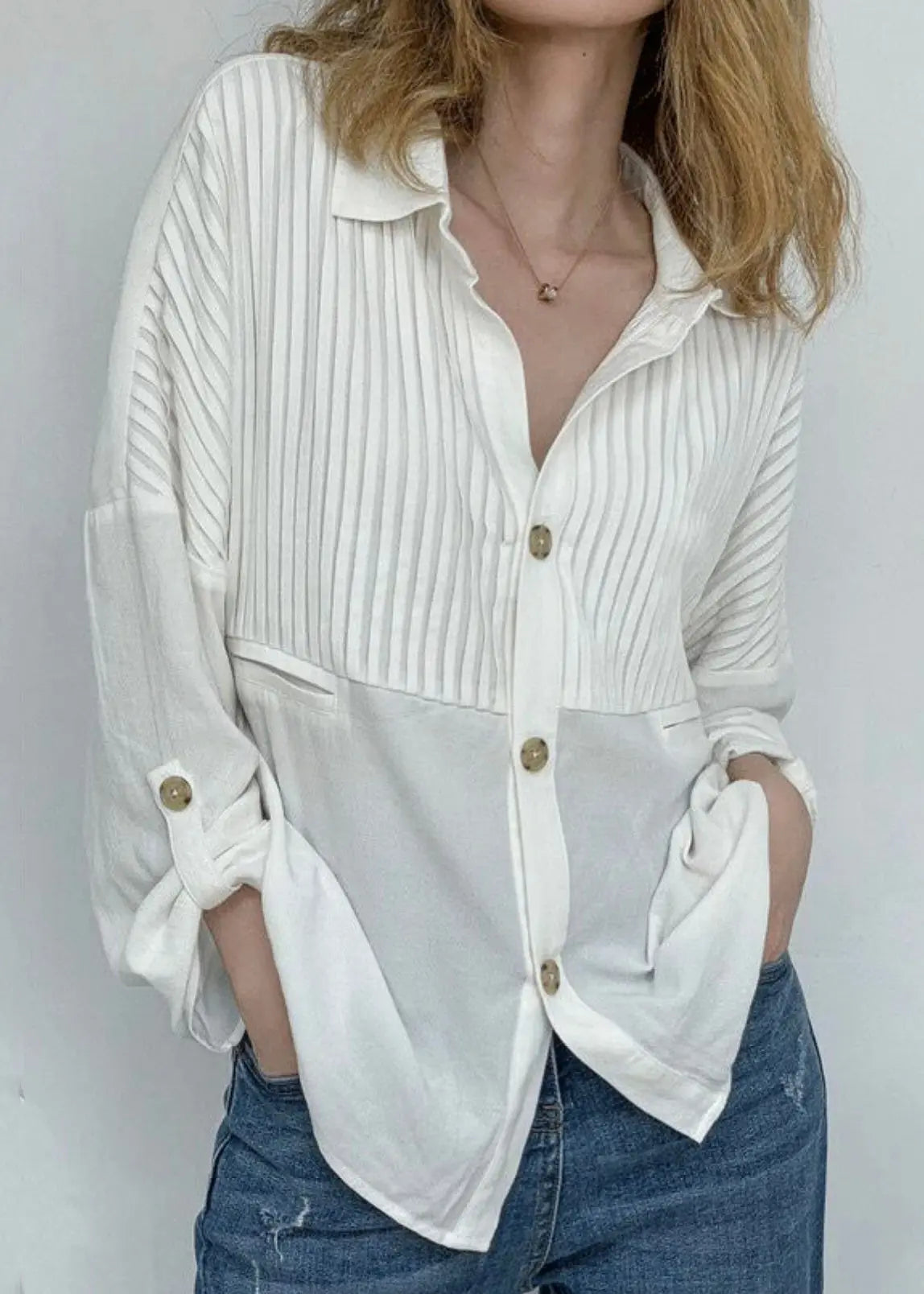 Classy White Wrinkled Button Patchwork Cotton Blouses Fall Ada Fashion