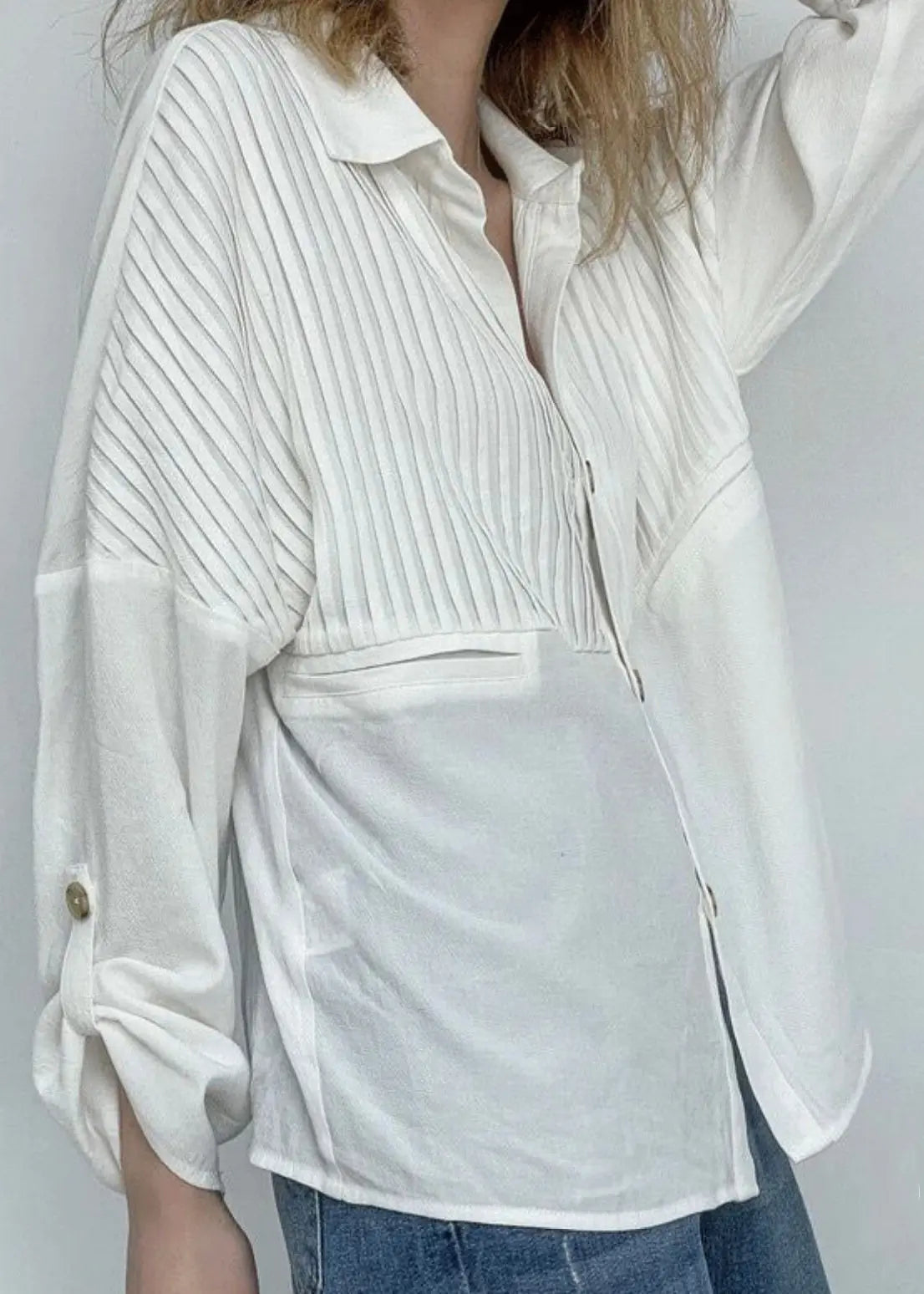 Classy White Wrinkled Button Patchwork Cotton Blouses Fall Ada Fashion