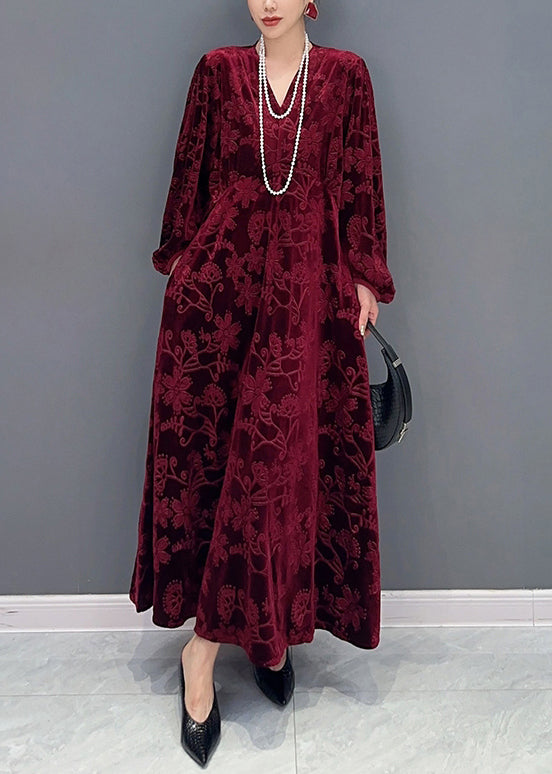 Classy Wine Red V Neck Pockets Silk Velour Long Dresses Fall Ada Fashion