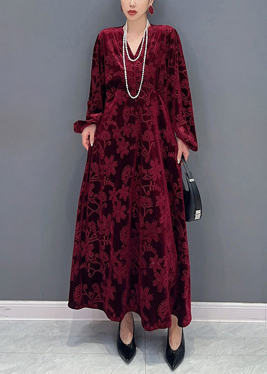 Classy Wine Red V Neck Pockets Silk Velour Long Dresses Fall Ada Fashion