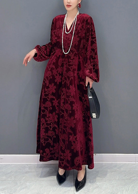 Classy Wine Red V Neck Pockets Silk Velour Long Dresses Fall Ada Fashion