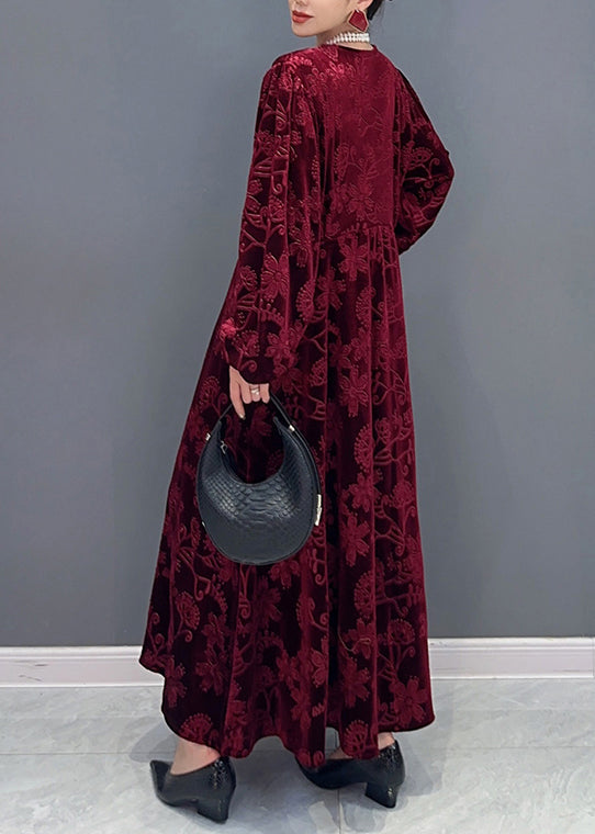 Classy Wine Red V Neck Pockets Silk Velour Long Dresses Fall Ada Fashion