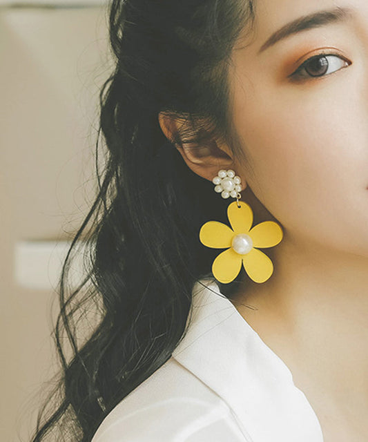 Classy Yellow Daisy Floral Pearl Drop Earrings LY1806 - fabuloryshop
