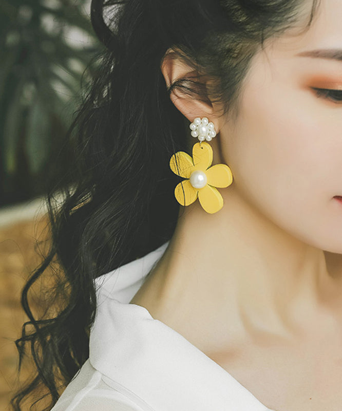 Classy Yellow Daisy Floral Pearl Drop Earrings LY1806 - fabuloryshop