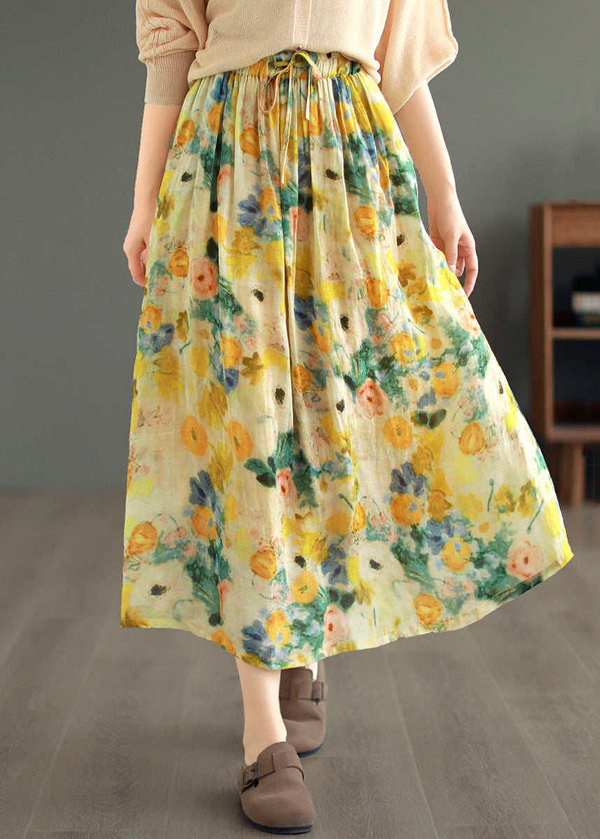 Classy Yellow Drawstring Wrinkled Print Patchwork Linen Skirts Summer Ada Fashion