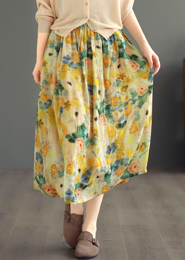 Classy Yellow Drawstring Wrinkled Print Patchwork Linen Skirts Summer Ada Fashion