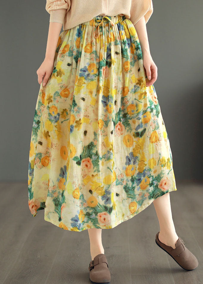 Classy Yellow Drawstring Wrinkled Print Patchwork Linen Skirts Summer Ada Fashion