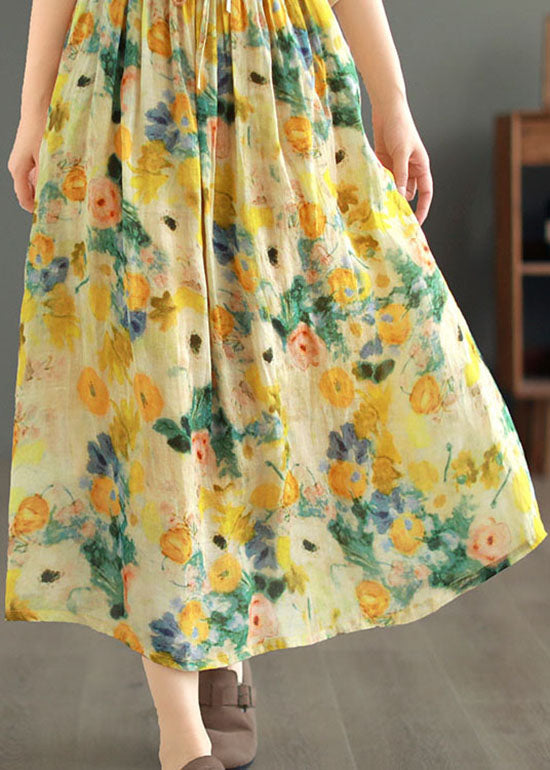 Classy Yellow Drawstring Wrinkled Print Patchwork Linen Skirts Summer Ada Fashion