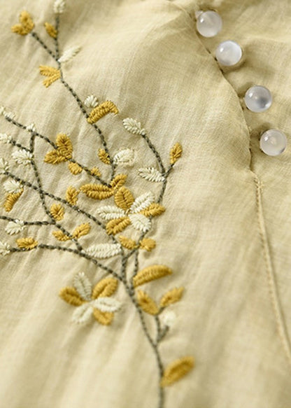 Classy Yellow Embroideried Button Linen Dresses Bracelet Sleeve Ada Fashion