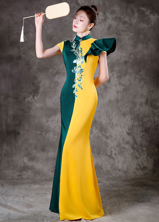 Classy Yellow Green Colorblock Asymmetrical Ruffled Silk Party Long Dress Short Sleeve Ada Fashion