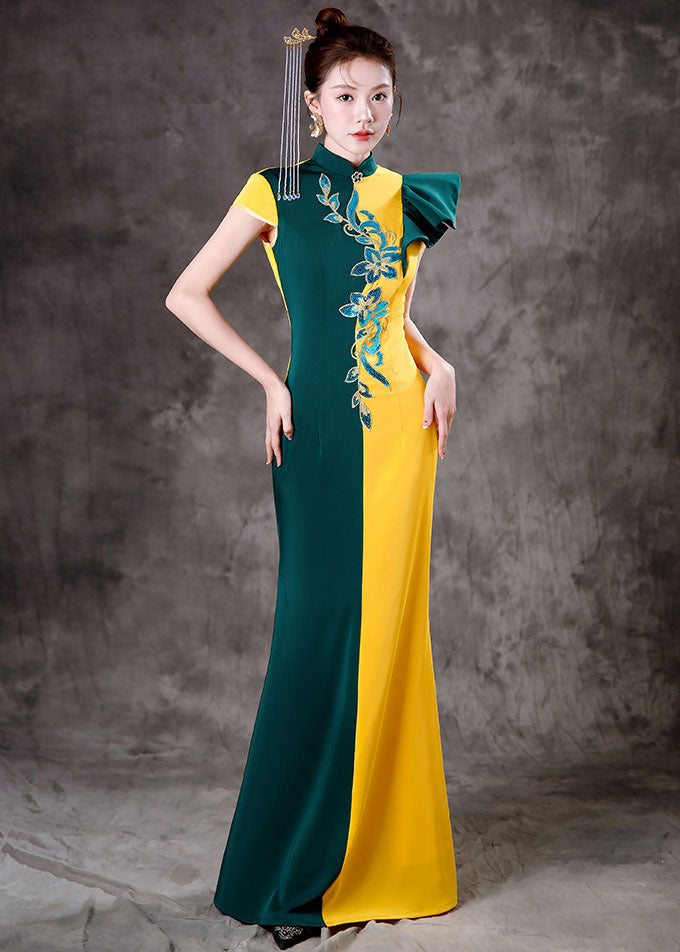 Classy Yellow Green Colorblock Asymmetrical Ruffled Silk Party Long Dress Short Sleeve Ada Fashion